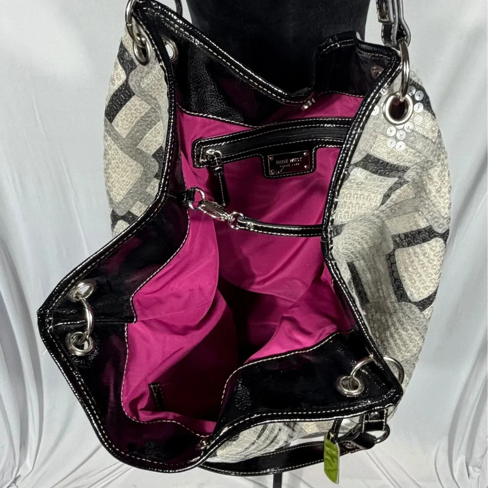 NWT Nine West Vegas Photo Sequin Tote Shoulder Hobo Bag Purse Gray Blk Vtg Y2K